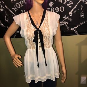 Rewind Sheer Cream High Low Button Front Blouse Size Large